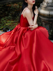 Spaghetti Straps V Neck Red Satin Prom Dresses, Red V Neck Satin Long Formal Graduation Dresses