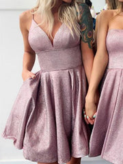 Spaghetti Straps V Neck Short Prom Dresses, Short V Neck Formal Homecoming Dresses