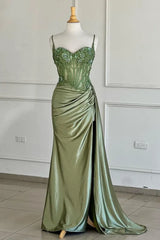 Spaghetti Mermaid Straps Silver Corset Long Prom Dress TP1370