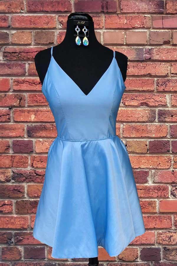 Spaghetti Strap V Neck Sky Blue Short Prom Dress Homecoming Dress HD0056