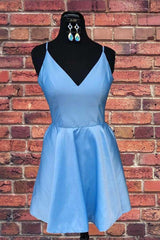 Spaghetti Strap V Neck Sky Blue Short Prom Dress Homecoming Dress HD0056
