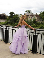 Spaghetti Straps Lilac Tulle Prom Dresses A-line Tiered Evening Gowns TP1003