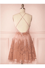 Spaghetti Straps Short Pink Homecoming Dress Criss Cross Back HD0095