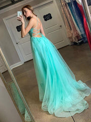 Spaghetti Straps Split Evening Dress Appliqued Backless Long Prom Dress TP1113