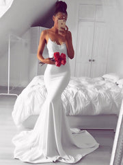 Spaghetti Straps White Mermaid Lace Wedding Dresses, White Lace Mermaid Formal Prom Dresses