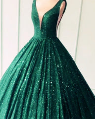 Sparkle Sequin Prom Dresses Plunge Ball Gown