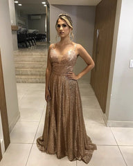 Sparkle Sequins Prom Long Dresses V Neck Spaghetti Straps