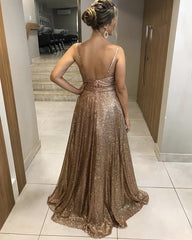 Sparkle Sequins Prom Long Dresses V Neck Spaghetti Straps