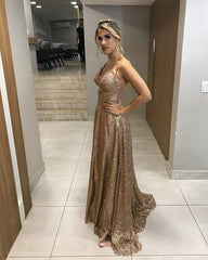 Sparkle Sequins Prom Long Dresses V Neck Spaghetti Straps