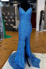 Sparkle Blue Sequin 2024 Prom Dresses Iridescent Mermaid Long Formal Dresses Side Slit