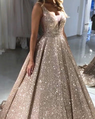 Sparkly Ball Gown Prom Dresses V-neck