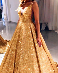 Sparkly Ball Gown Prom Dresses V-neck