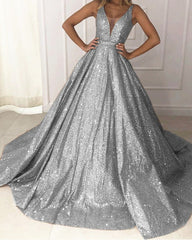 Sparkly Ball Gown Prom Dresses V-neck