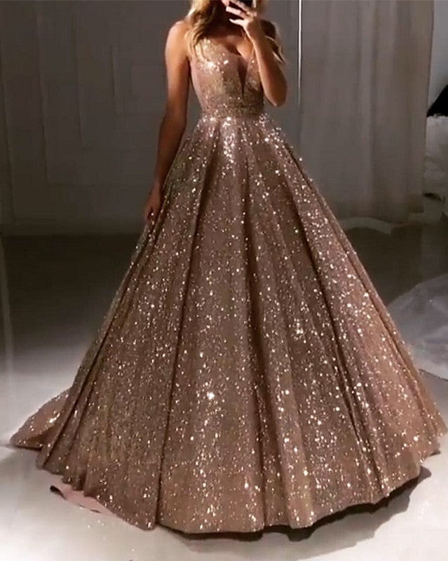 Sparkly Ball Gown Prom Dresses V-neck