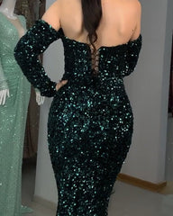 Sparkly Sequins Prom Dresses Mermaid Long Sleeves Off Shoulder