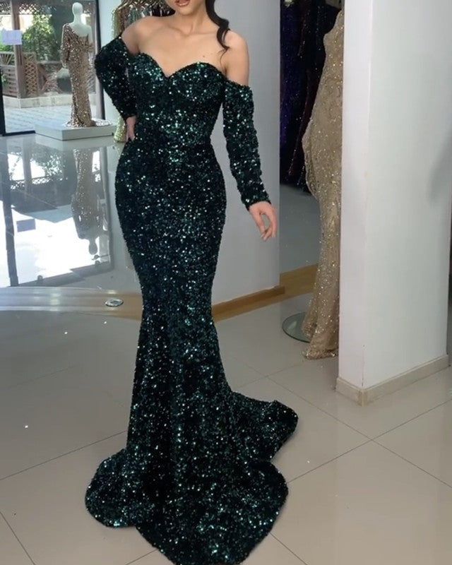 Sparkly Sequins Prom Dresses Mermaid Long Sleeves Off Shoulder