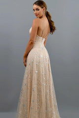 Sparkly A-line V Neck Sequins Tulle Prom Dresses Champagne Formal Dresses TP1173