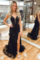 Sparkly Black Spaghetti Straps Sheath Long Prom Dress with Slit