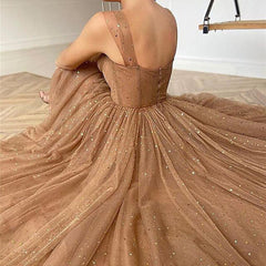Sparkly Champagne Tea Length Tulle Prom Dresses, Champagne Tea Length Formal Graduation Dresses