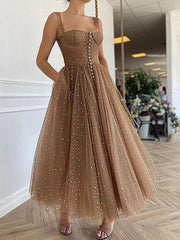 Sparkly Champagne Tea Length Tulle Prom Dresses, Champagne Tea Length Formal Graduation Dresses