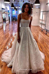 Sparkly Glitter Tulle Popular A-line Spaghetti Strap Prom Dresses, CP0851