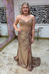 Sparkly Gold Sheath Sweetheart Long Prom Dress with Slit