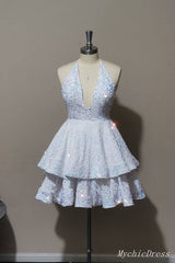 Sparkly Halter White Sequin Cocktail dresses 2024 Tiered Prom Dresses