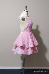 Sparkly Halter White Sequin Cocktail dresses 2024 Tiered Prom Dresses