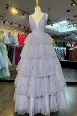 Sparkly Lavender Portrait Princess Long Prom Dress