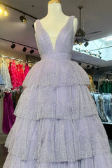 Sparkly Lavender Portrait Princess Long Prom Dress