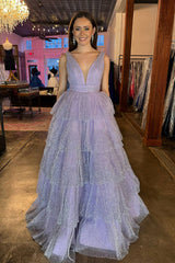 Sparkly Lavender Portrait Princess Long Prom Dress