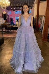 Sparkly Lavender Portrait Princess Long Prom Dress
