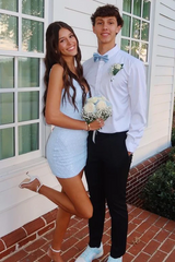 Sparkly Light Blue Homecoming Mini Dress with Spaghetti Straps