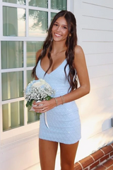 Sparkly Light Blue Homecoming Mini Dress with Spaghetti Straps