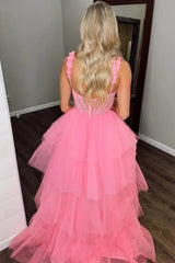 Sparkly Pink Spaghetti Straps Princess Long Corset Prom Dress with Appliques