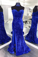 Sparkly Plus Size Sequins Royal Blue Prom Dresses Mermaid Long Dress with Slit