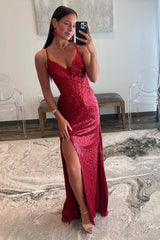 Sparkly Red Sequin Spaghetti Straps Sheath Long Prom Dress with Appliques