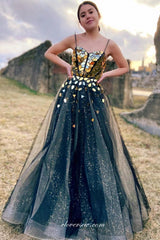 Sparkly Rhinestone Applique Spaghetti Strap Fashion Prom Dresses, CP0847