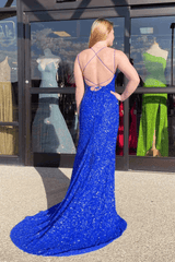 Sparkly Royal Blue Sequins Prom Dress UK Long Mermaid Formal Dress with Slit