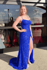 Sparkly Royal Blue Sequins Prom Dress UK Long Mermaid Formal Dress with Slit