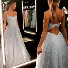 Sparkly Silver Gray Open Back Long Prom Dresses, Silver Gray Backless Long Formal Evening Dresses