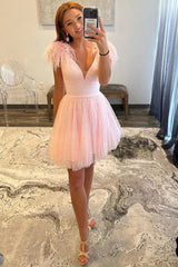 Sparkly V-Neck A-Line Pink Homecoming Dress with Feathers TN414