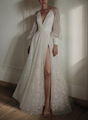 A-Line/Princess V-Neck Floor-Length Wedding Dress Sparkly