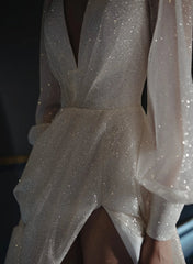 A-Line/Princess V-Neck Floor-Length Wedding Dress Sparkly