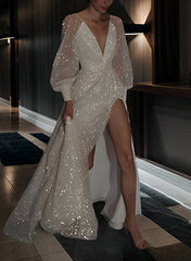 A-Line/Princess V-Neck Floor-Length Wedding Dress Sparkly