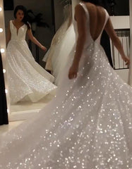 Sparkly A Line V-neck Sequins Wedding Gown Backless Prom Dress On Sale