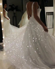 Sparkly A Line V-neck Sequins Wedding Gown Backless Prom Dress On Sale