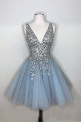 Sparkly A-line Deep V-neck Light Blue Short Homecoming Dresses HD0101