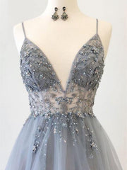 Sparkly Prom Dresses Aline Spaghetti Straps Long Grey Prom Dress TP0922