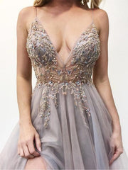 Sparkly Prom Dresses Aline Spaghetti Straps Long Grey Prom Dress TP0922